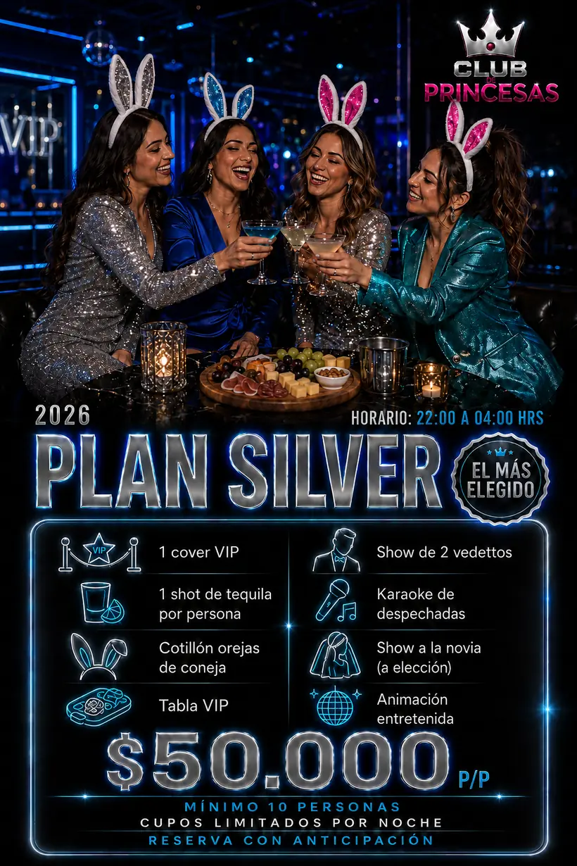 Plan Silver $50.000 por persona: 1 cover VIP, 1 shot de tequila por persona, cotillón orejas de coneja, tabla VIP, show de 2 vedettos y show a la novia. Mínimo 10 personas