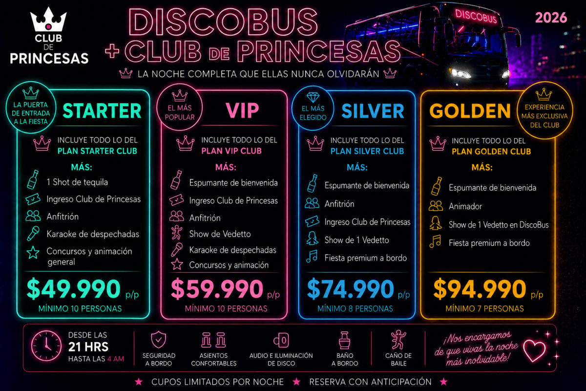 Planes DiscoBus Chile + Club de Princesas 2026 — Combo Starter $49.990, VIP $59.990, Silver $74.990, Golden $94.990 por persona