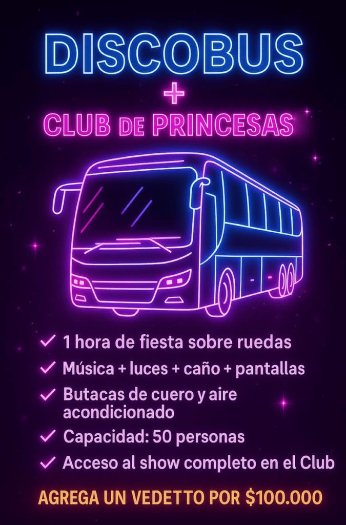 Fiesta en DiscoBus con acceso al club de princesas, incluye música, luces, caño, show vedetto, capacidad para 50 personasy opcion de agregar vedetto en el bus por $100.000